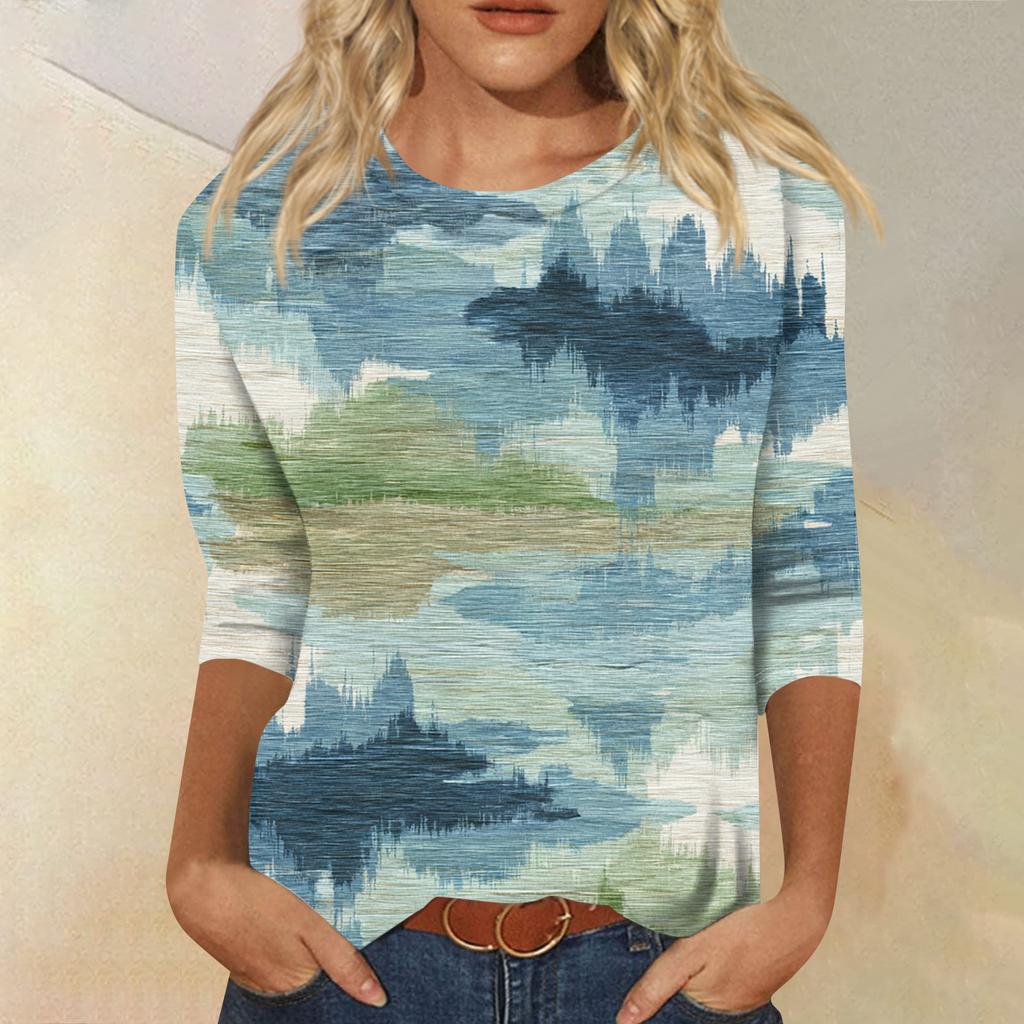 Women's Fashion Casual Round Neck Three-quarter Sleeve Gradient Print T-shirt Top