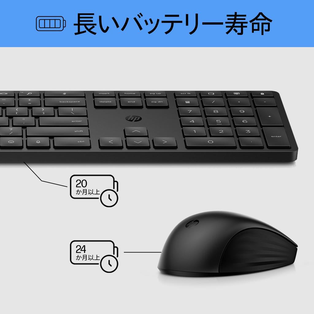 HP 650 Wireless Keyboard and Mouse Set, Black, Japanese Layout, USB Dongle, 2.4GHz Wireless Connection, Mouse Compatible with Glass Tables,