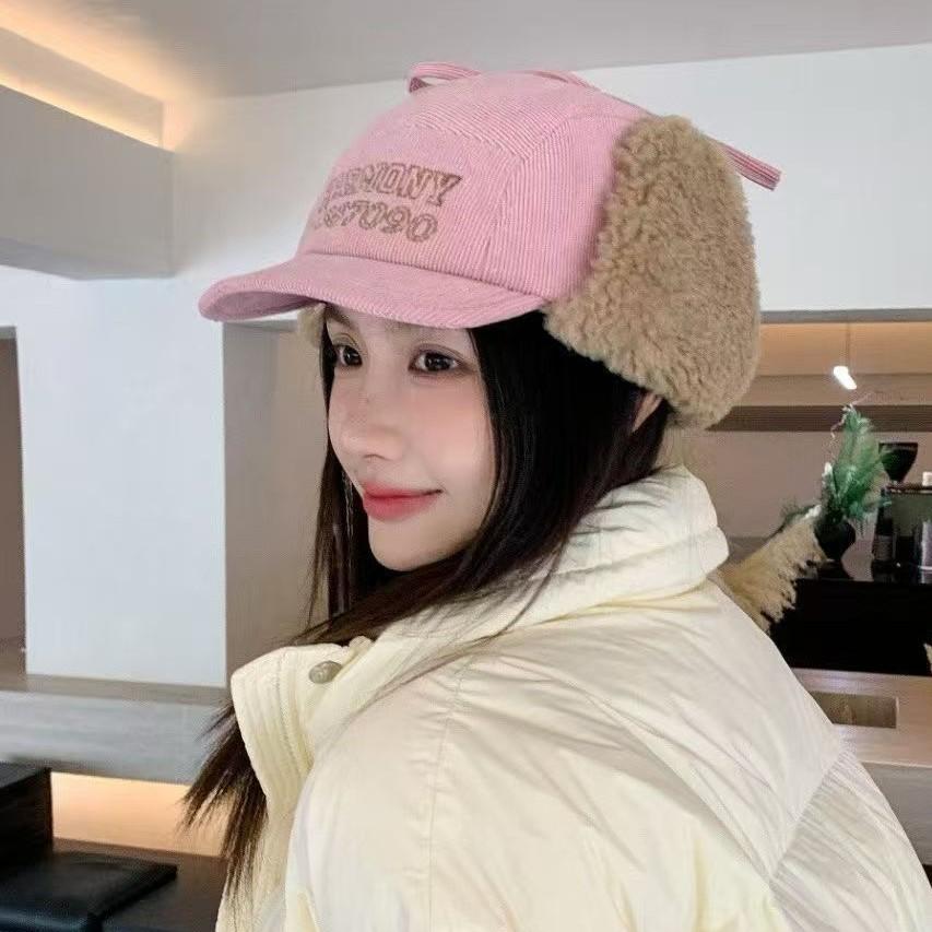 Letter embroidered corduroy Lei Feng hat children autumn and winter new plush warm ear protectors ski hat women