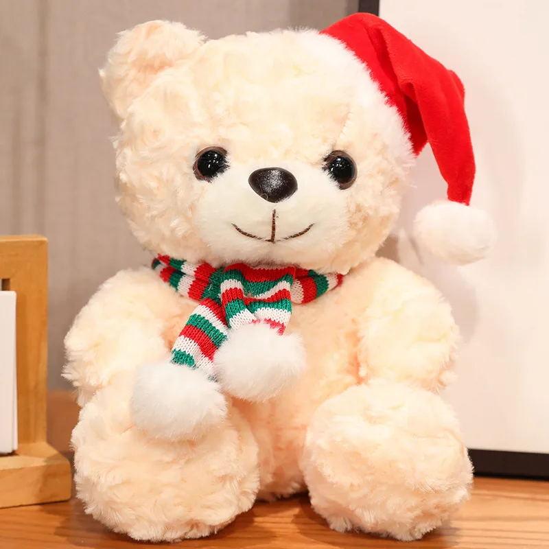 Cute Christmas Teddy Bear Plush Toys Stuffed Animal Bears Scarf with Santa Hat Soft Plushie Kids Gift