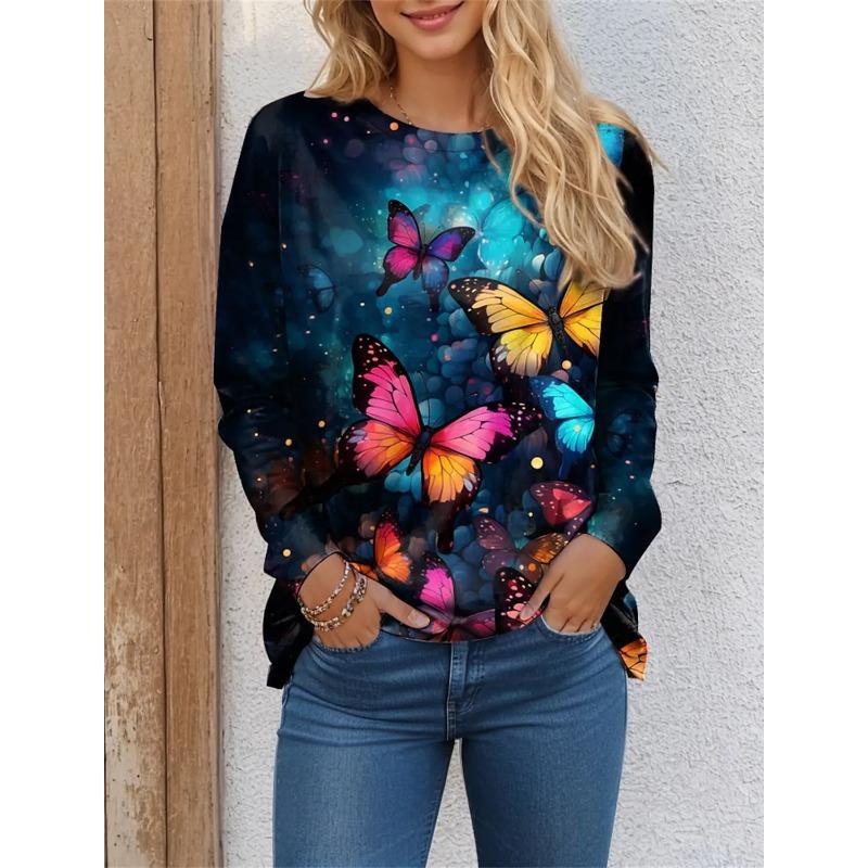 Women's T Shirt Tee Butterfly 3D Print Daily Sweatshirt Weekend Fashion Long Sleeve T Shirts Round Neck Red Spring Tshirt