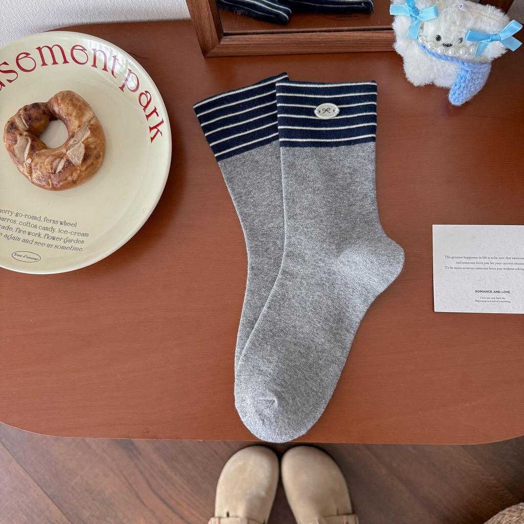 Button Bow Socks Medium Tube Socks Tide Cotton Versatile College Style Striped Contrasting Color Stacking Socks