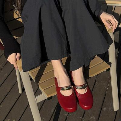 Овчина натуральная кожа металлическое слово с туфлями Мэри Джейн новые ретро круглый носок плоская подошва мелкий вырез одинарные туфли женские