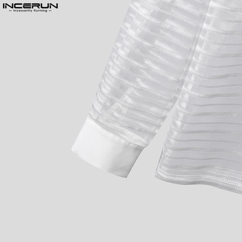 INCERUN Мужские рубашки с длинными рукавами и V-образным вырезом, сетчатые прозрачные полосатые топы