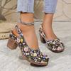 Ladies' Retro Round Toe Shallow Mouth Fashionable Printed Thick Heel High-heeled Single Shoe with A Straight Buckle Strap
