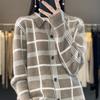 Autumn Winter New 100% Cashmere Wool Women Sweater Tailored Collar Splicing Checker Cardigan Casual Knitted Soft Jacket Tops