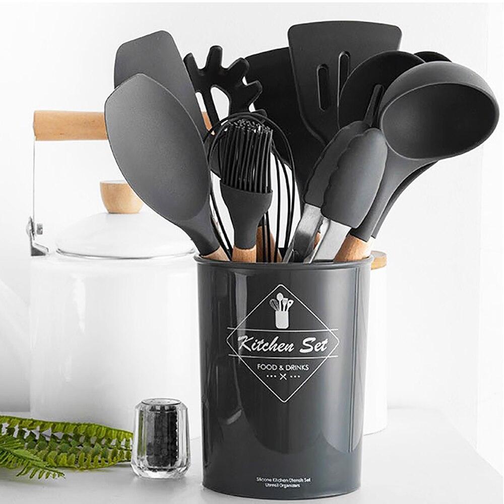 Черный силиконовый набор кухонных принадлежностей, кухонные принадлежности, термостойкие кухонные принадлежности с антипригарным покрытием, кухонные принадлежности для выпечки с коробкой для хранения
