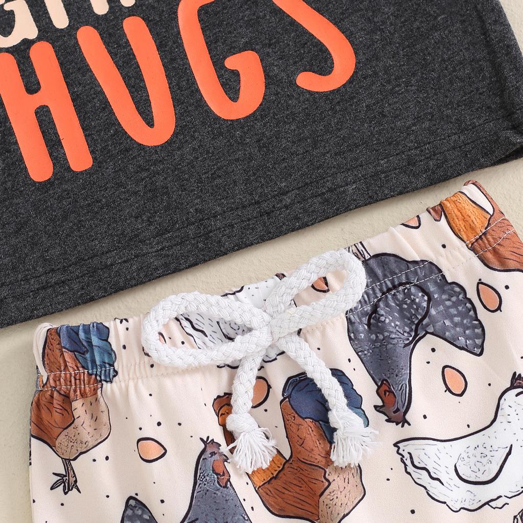 Toddler Boys Summer Shorts Sets Short Sleeve Letter Print Tops and Chicken Print Drawstring Shorts Sets