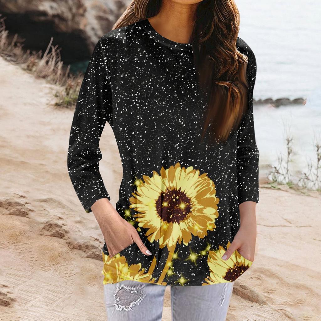 Women's Fashion Casual Round Neck Print 3/4 Sleeve Pocket T-Shirt Top