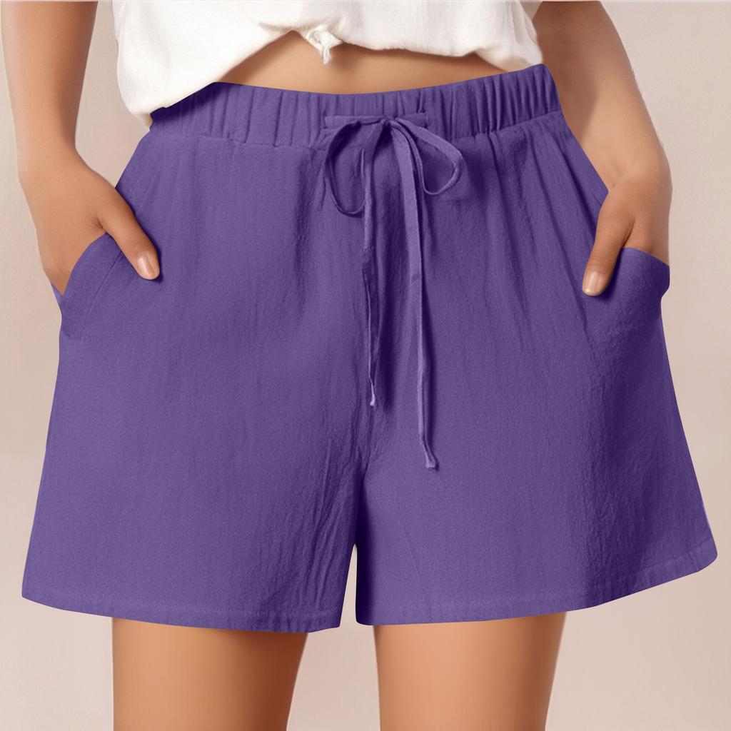 Женские повседневные хлопковые и льняные однотонные свободные шорты со шнуровкой и эластичным поясом длиной три четверти