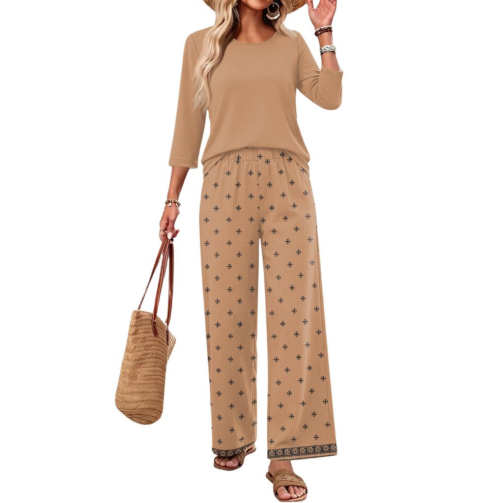 Women's Casual Fashion Round Neck Loose Fit Printed Three Quarter Sleeve Top with Wide Leg Pants Set Comfortable Lounge Wear