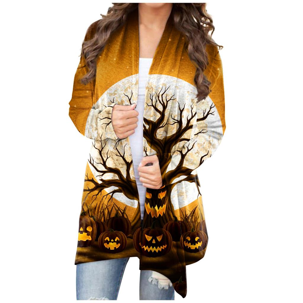 Женский кардиган, свободное повседневное верхнее пальто с карманами и длинными рукавами с принтом Хэллоуина