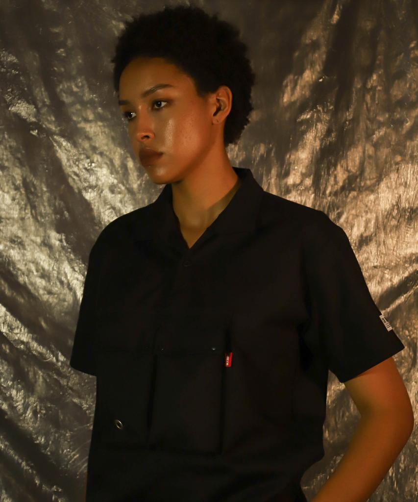 CODE I'M Utility Magazine Pocket Loose Fit Short Sleeve Polo Shirt Black