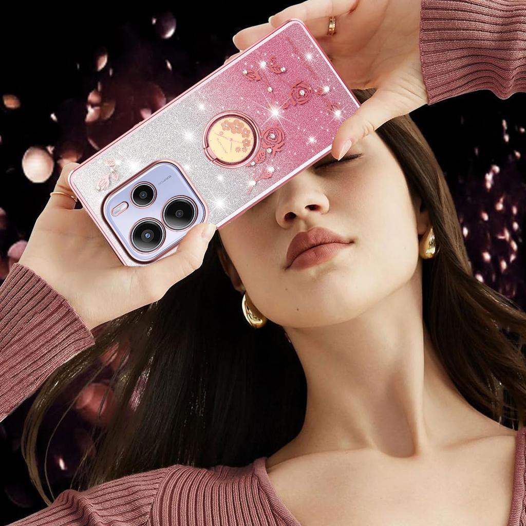 For Xiaomi Redmi Note 14 5G Case Ring Kickstand TPU Flowers Phone Cover Gradient Glitter