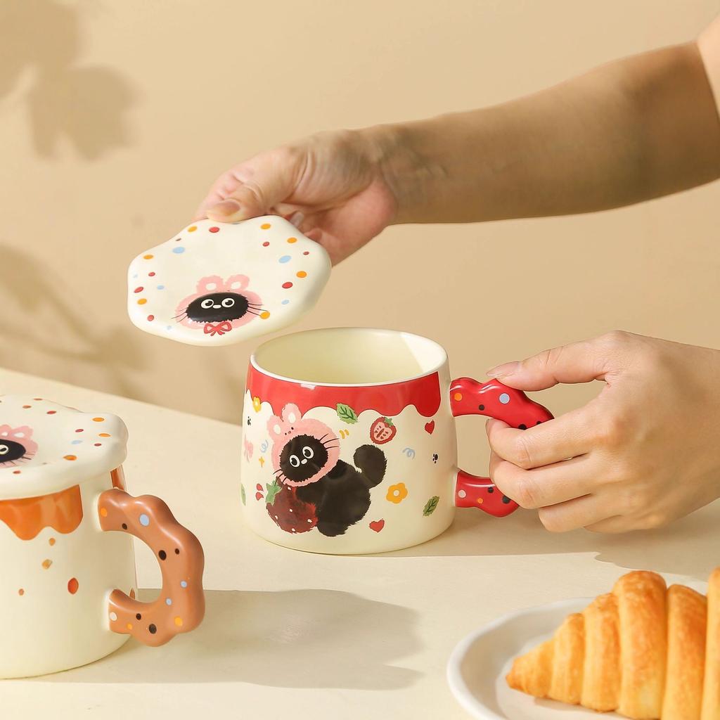 Cat Embossed Lid Mug High Looking Ceramic Cup Creative Souvenir Breakfast Milk Girl Water Cup Gift