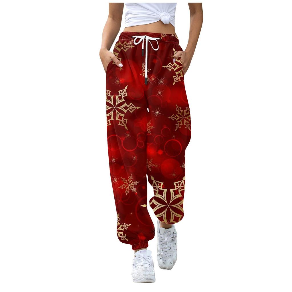 Женские повседневные брюки для отдыха с рождественским принтом, спортивные брюки, брюки с эластичной резинкой на талии, брюки с завязками на шнурке