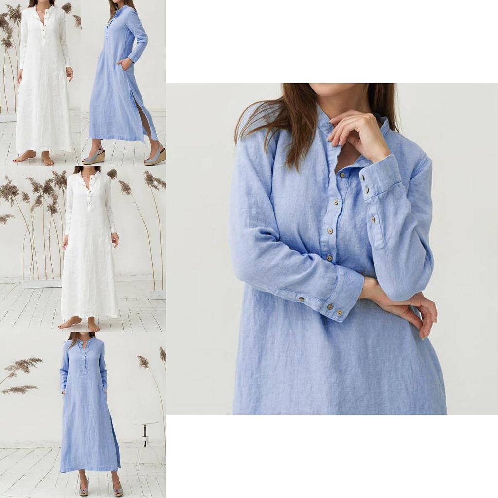 Luxurious Women's Kaftan Cotton Long Sleeve Plain Casual Oversized Maxi Shirt Dress