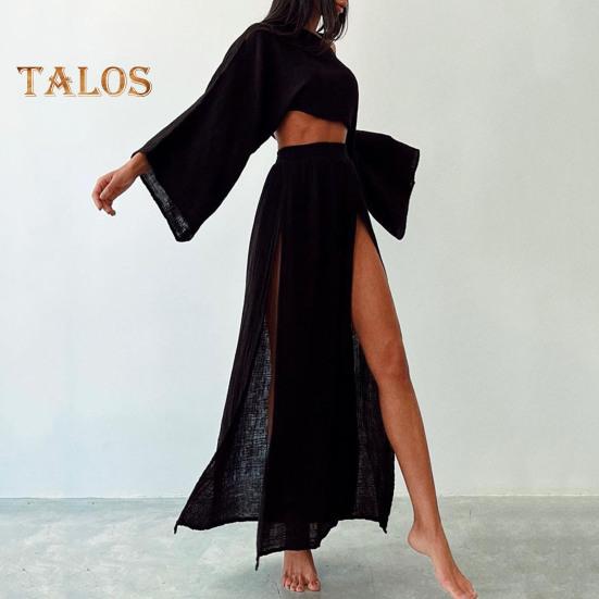 2 шт./компл. женский укороченный топ с юбкой, комплект с длинным рукавом, наклонным вырезом, короткий топ с высокой талией, разделенная юбка, сплошной цвет, пляжное бикини для отдыха, клубный вечерние топ