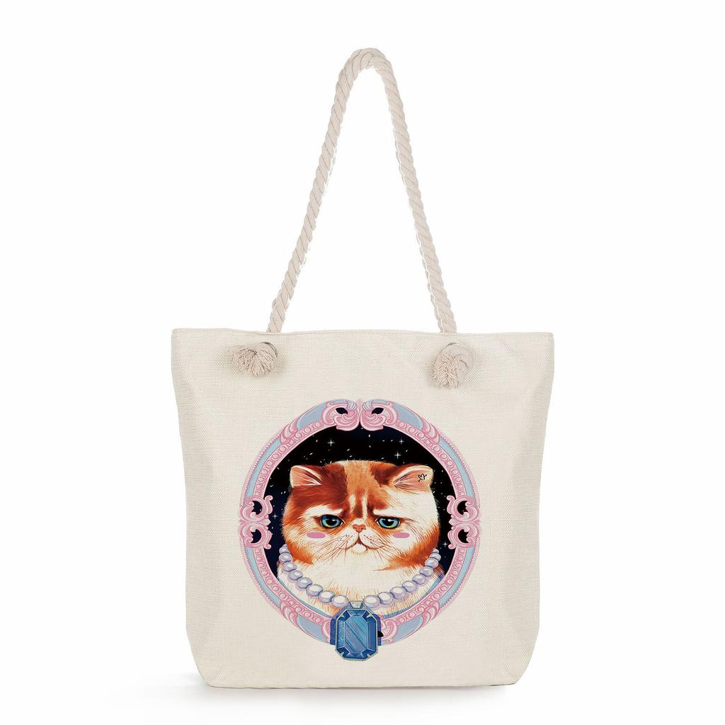 Cat print thick rope single-shoulder beach bag 7215 KTB