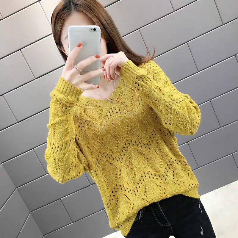 Hollow Women's Knitwear Spring and Autumn Style V-neck Loose Bottoming Shirt Short Long-sleeved Sweater Coat