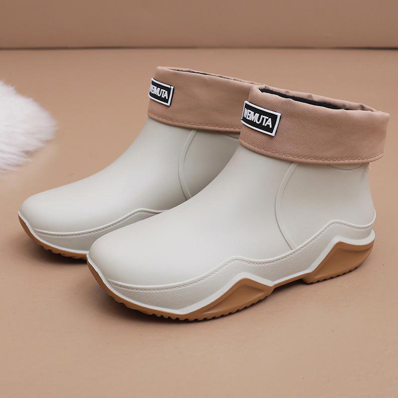 Rain shoes female adult fashion outer wear short tube couple rain boots warm flat waterproof kitchen work car wash rubber shoes male