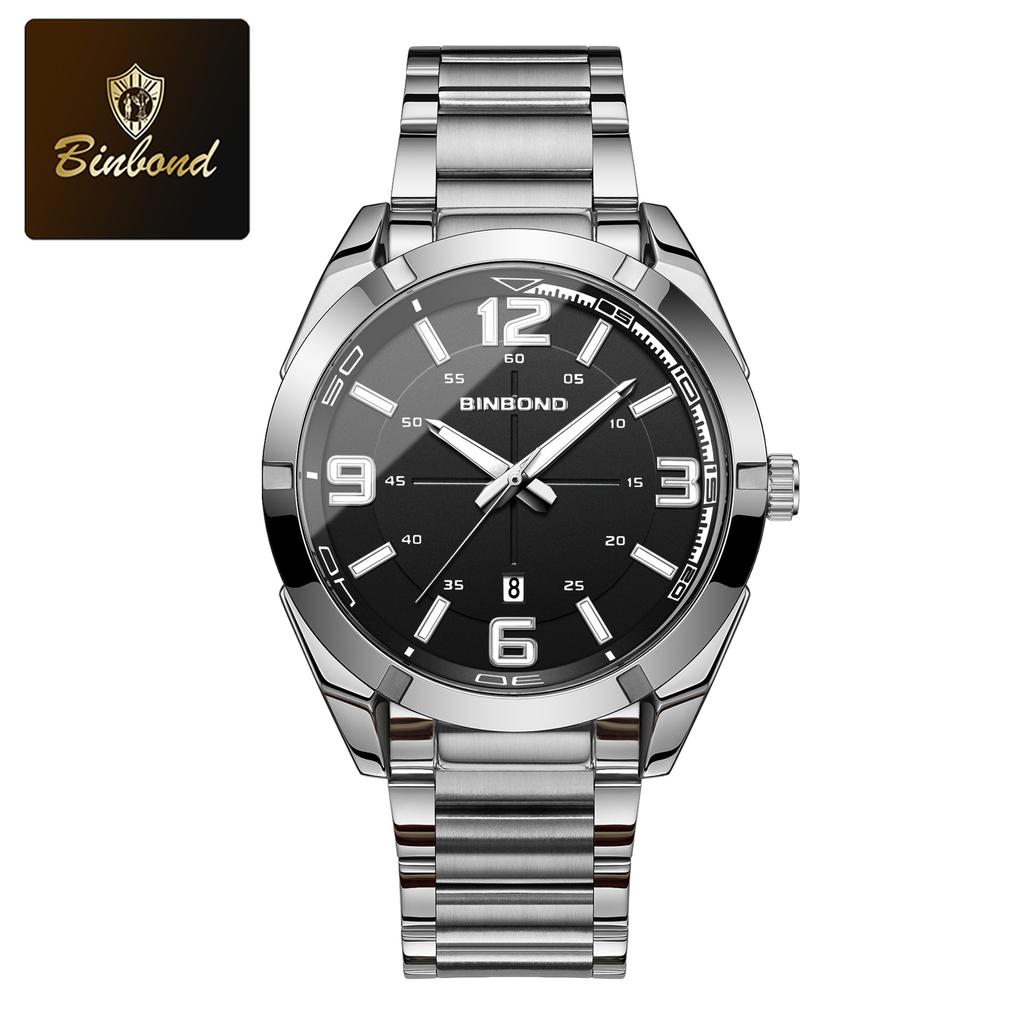 BINBOND Мужские часы Большие цифровые модные деловые водонепроницаемые календарные ночные светильники из нержавеющей стали кварцевые мужские часы мужской подарок