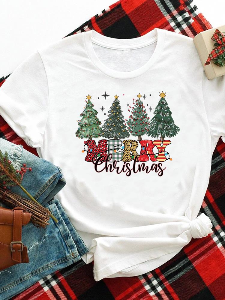 (Asian Size) Merry Christmas New Year O-neck Women's Top T Clothing Lovely Tree Trend 90s Print Short Sleeve T-shirts Fashion Holiday Graphic Tee