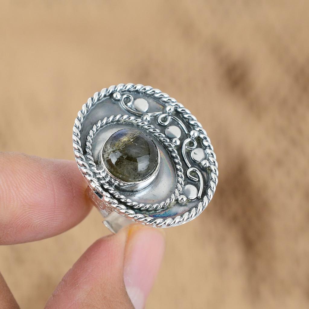 Natural Labradorite Gemstone Promise Blue Adjustable Ring 925 Sterling Silver
