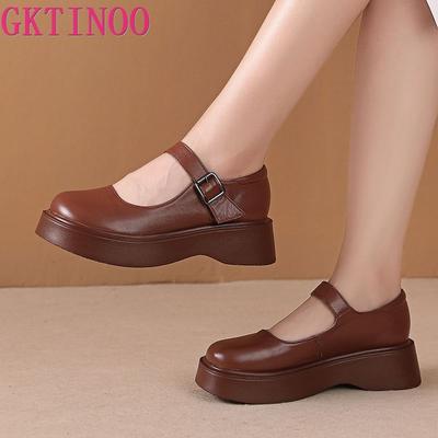 GKTINOO Женская обувь Плоская платформа Коровья кожа Мэри Джейн Круглый носок Ремешок с пряжкой Женская повседневная плоская обувь Ручная работа Большой размер
