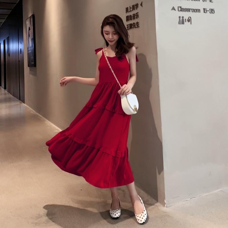Летнее новое однотонное платье с бантом и сексуальными бретельками, женское ретро-платье с высокой талией, повседневное свободное длинное платье, женское модное облегающее элегантное платье с оборками 26371
