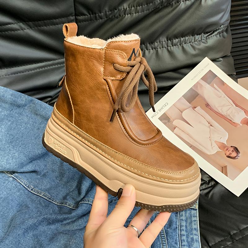 Ботильоны женские на платформе, модные зимние теплые плюшевые туфли, зимние повседневные удобные туфли, трендовые спортивные туфли на шнуровке для ходьбы, женские ботинки