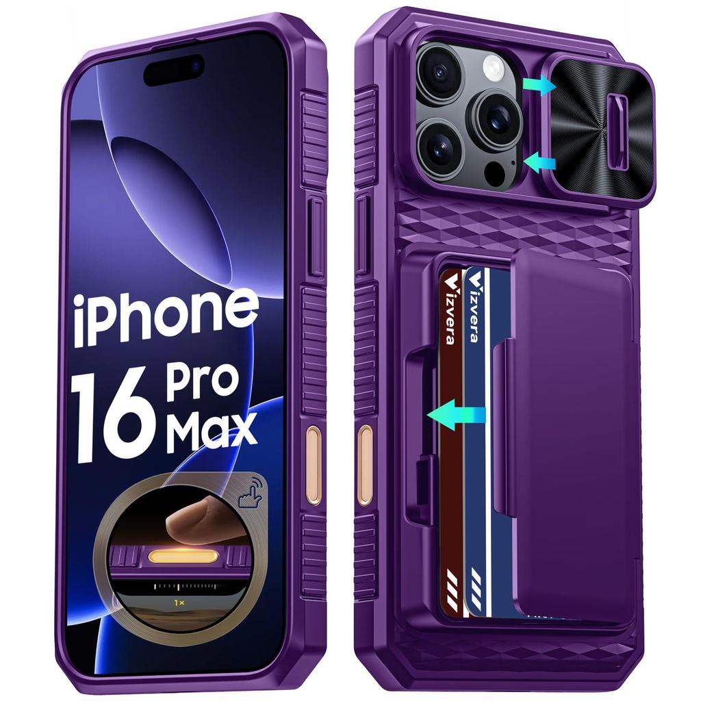 With Card Holder Sliding Camera Cover And Stand For iPhone 16 Pro Max Phone Case, Anti-Fall PC+TPU Wallet Case-Purple