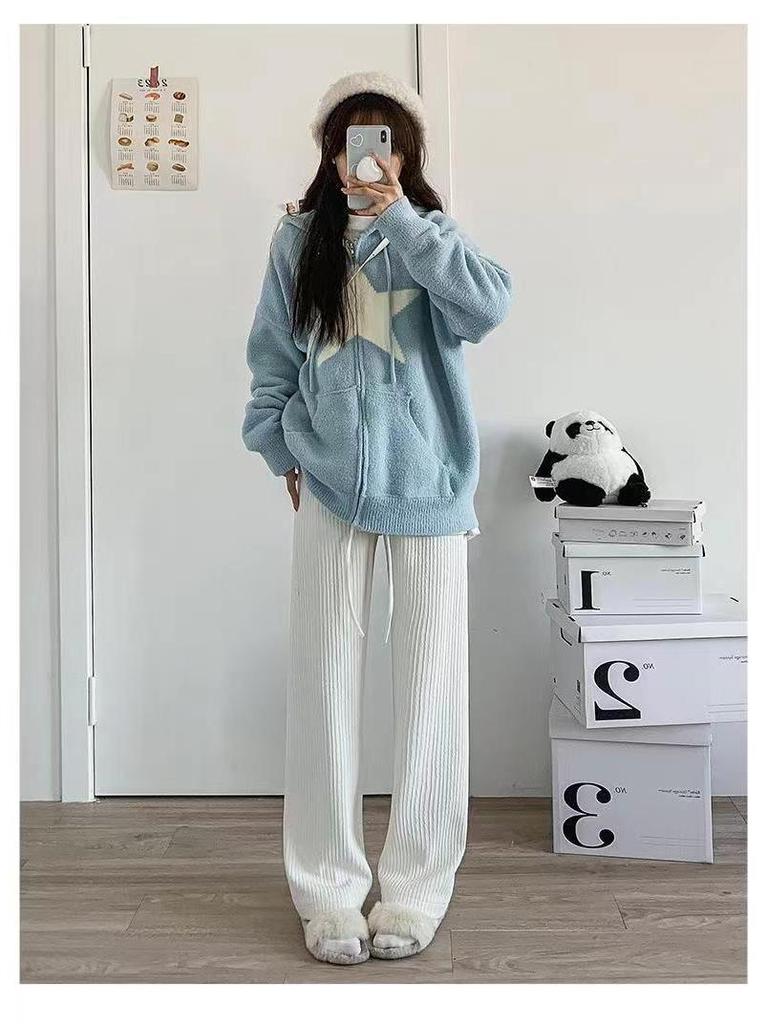 2025 Women's Spring High Waist Cloud Puff Pants - White Pleated Wide Leg