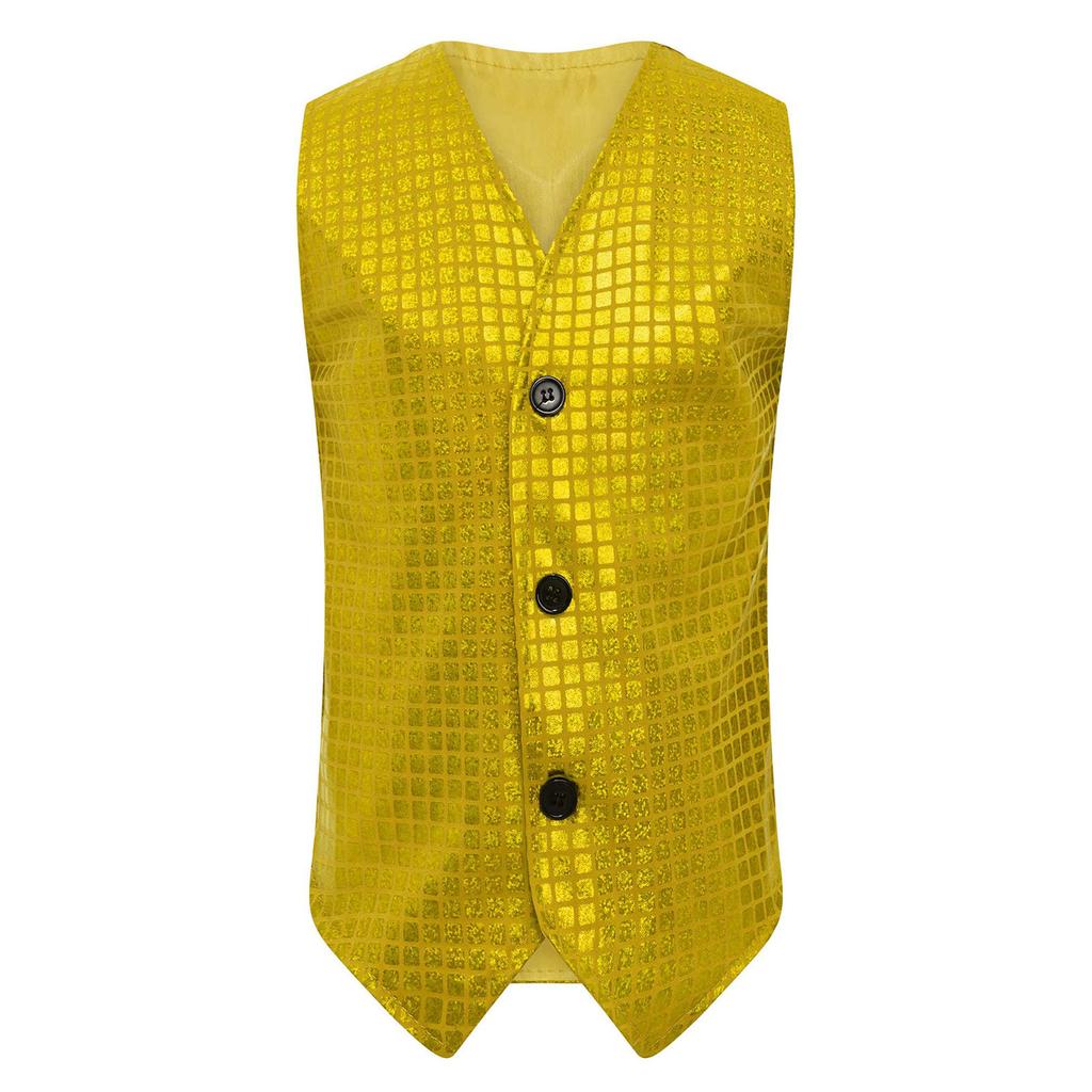 Boys Girls Dance Stage Performance Costume V Neck Sleeveless Asymmetrical Hem Button Metallic Plaid Vest