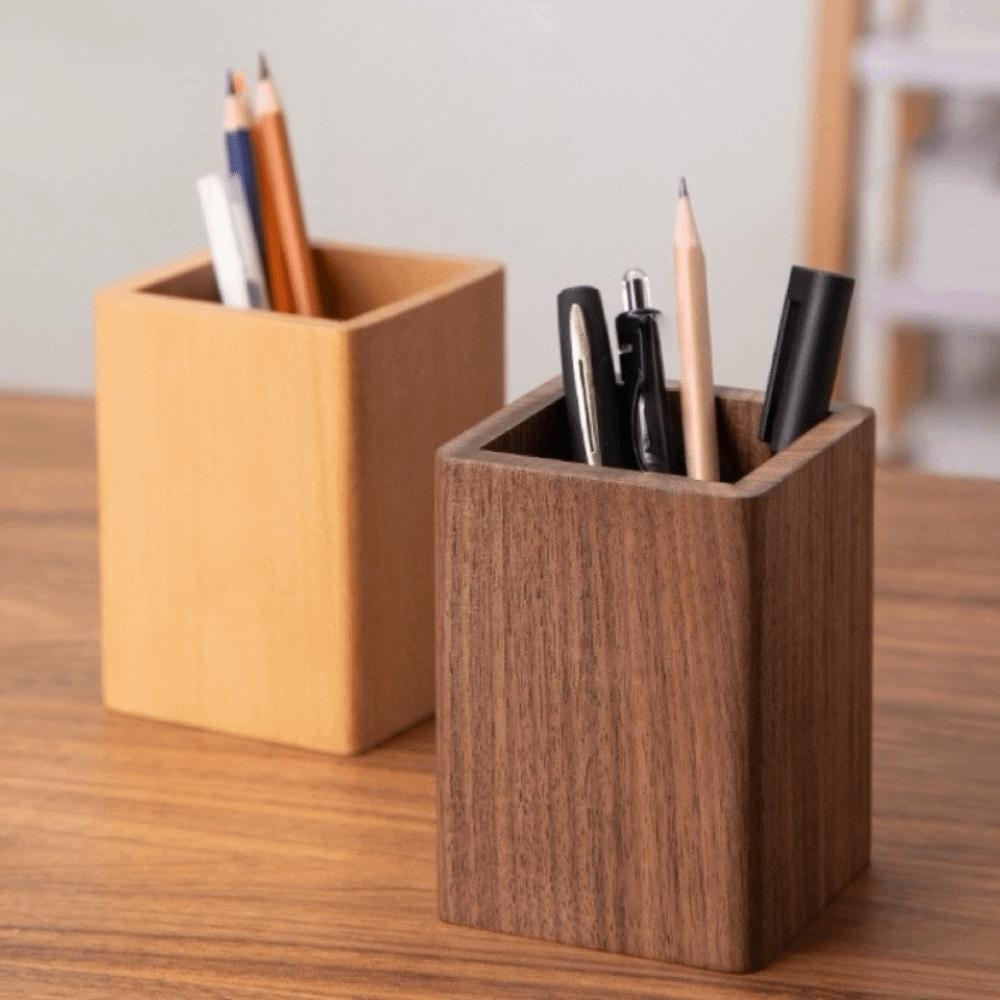 Desktop Storage Hickory Wood Pen Holder Simple Makeup Brush Organizer Office/School Supplies