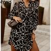 Women's Fashion Spring Fall Colour Block Print Long Sleeve V-Neck High Waist Casual Dresses