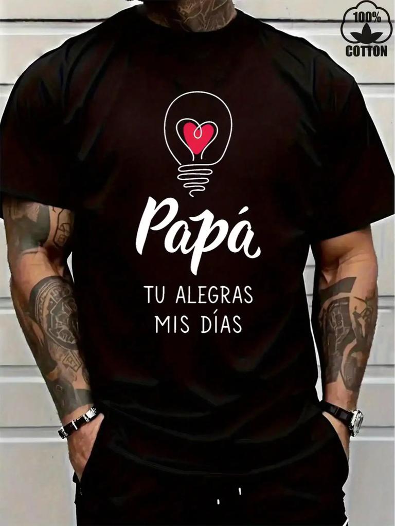 Mens Casual Short Sleeve TShirt  100 Cotton Spanish Papa Graphic Print with Heart Light Bulb Design  Fathers Day Gift