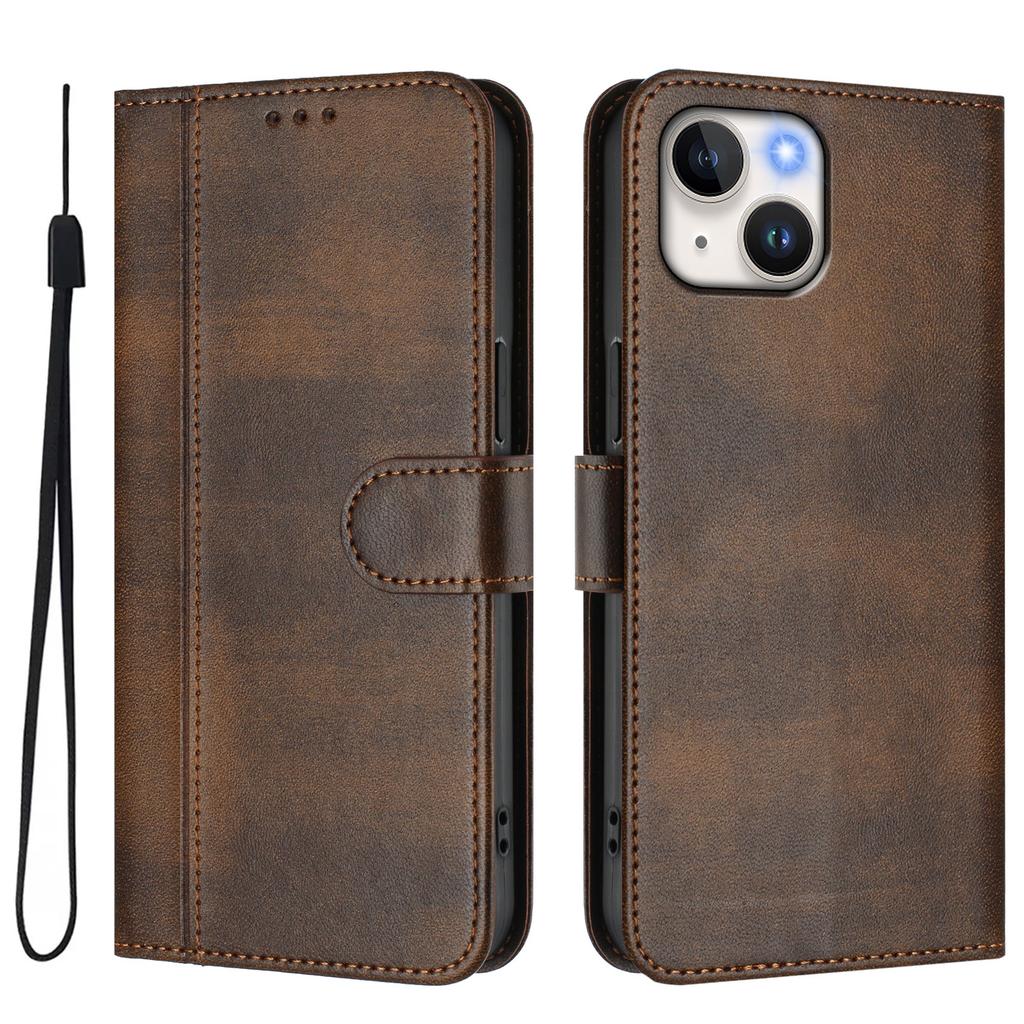 For iPhone 15 Cases Wallet Stand Retro Texture Leather Phone Cover with Lanyard