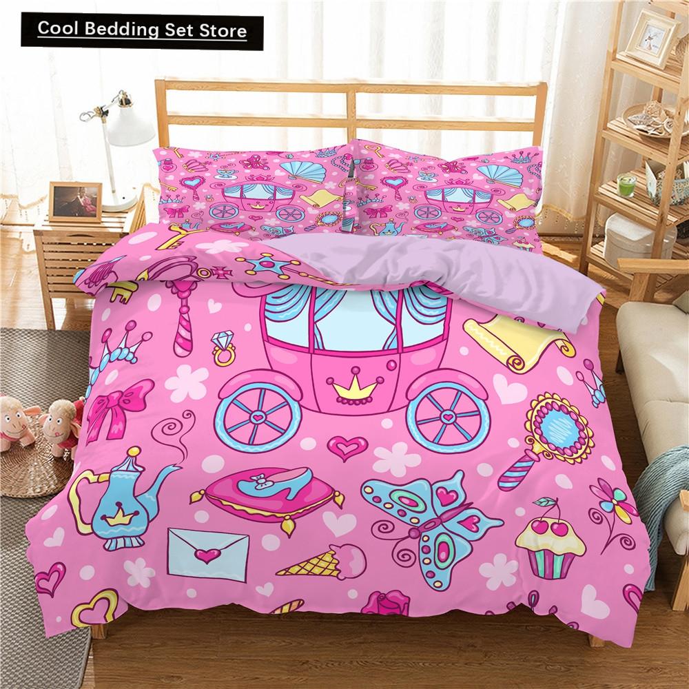 Kids Cartoon Duvet Cover Set Full/Queen Microfiber 3D Bedding Set Soft Pink Castle Princess Comforter Cover with Home Textile