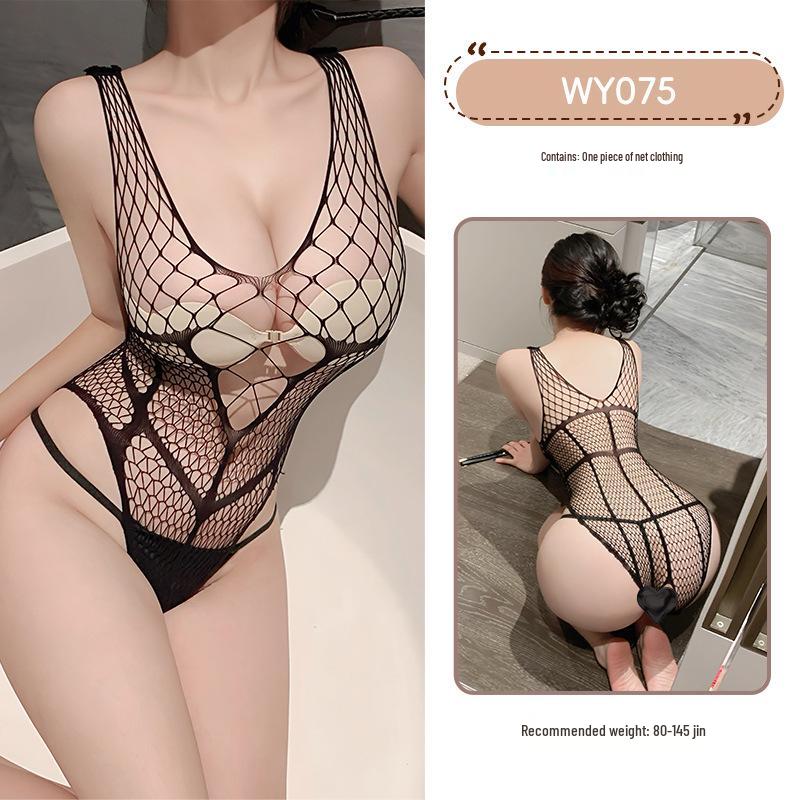 Jiuli Qingchuan Spaghetti Strap Deep V Mesh See-Through Bodysuit