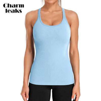 Женские майки для тренировок в рубчик Charmleaks со встроенным бюстгальтером, облегающий спортивный топ с круглым вырезом и вырезом-борцовкой