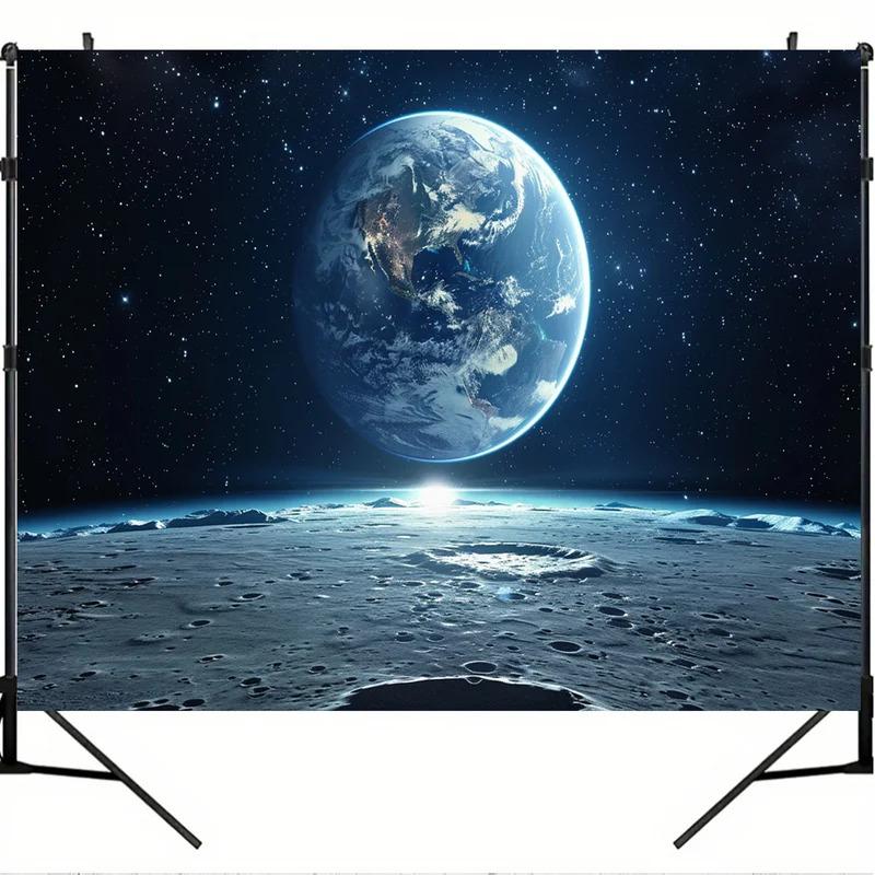 1 piece, 2D flat design, 1 space-themed backdrop banner, universe photography wall banner, Earth and lunar surfaces, wsj