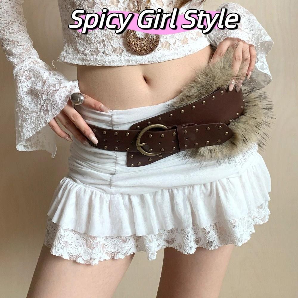 ПУ Кожа Кожа Мех Ремень Клепки Y2K Пояс Винтажный Плюшевый Ремень Женский/Девочки