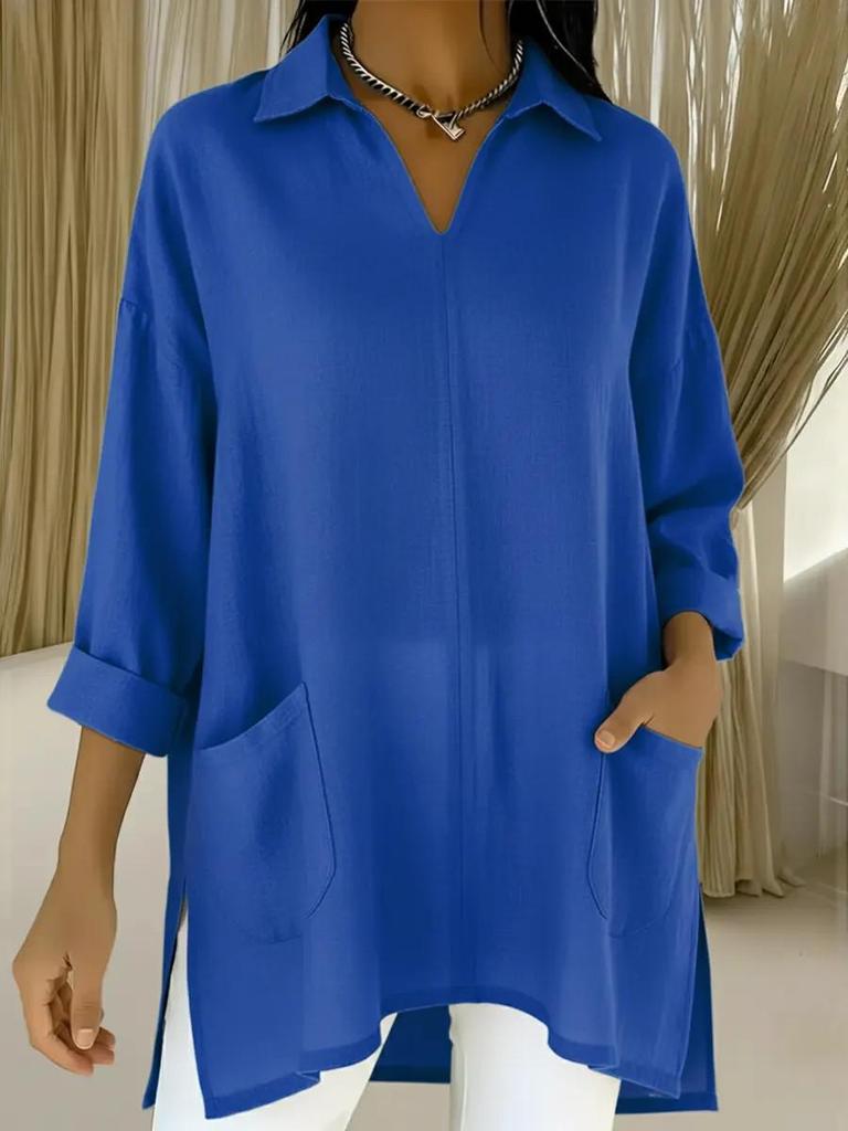 Весна 2026 Европейская и Американская Женская Мода Однотонная Рубашка с Карманным Воротником Свободный Топ