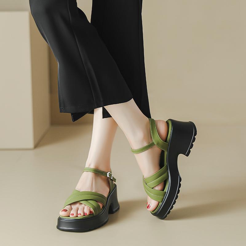 [Горчично-зеленый CHAO белый] Римские босоножки на платформе с толстым каблуком женские туфли на высоком каблуке с перекрестными ремешками и застежкой-пряжкой