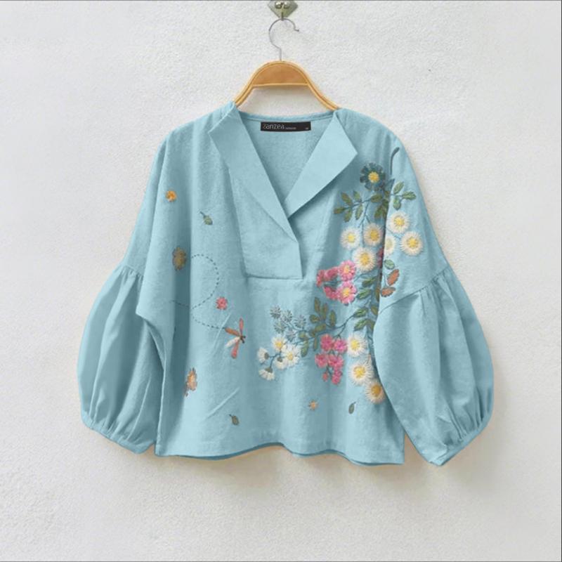 ZANZEA Женская повседневная блузка с V-образным вырезом, свободного кроя, с длинным рукавом, с цветочным принтом