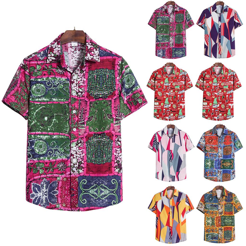 Мужская мода в этническом стиле с коротким рукавом, повседневная гавайская рубашка с принтом, блузка, футболка