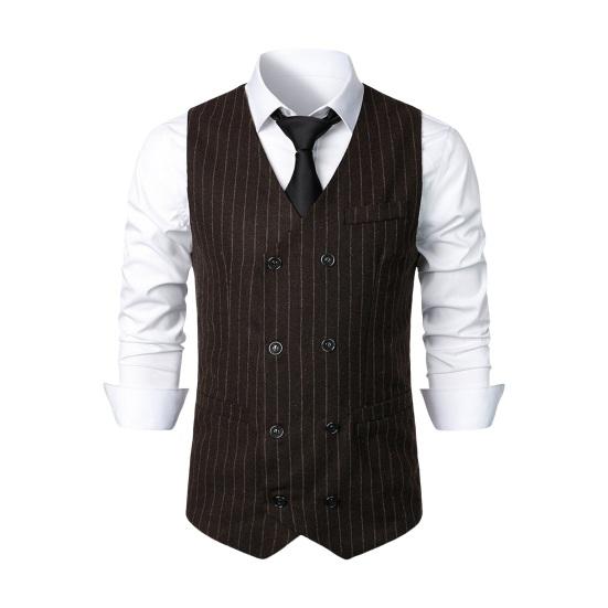 Men Suit Waistcoat V-Neck Sleeveless Striped Print Double Breasted Suit Vest with Patch Pockets Wedding Business Vest