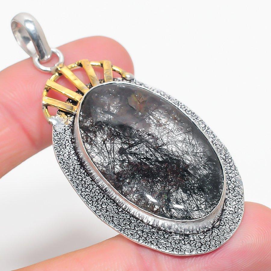 Natural Black Rutile Gemstone Two Tone 925 Sterling Silver Pendant 2.56" J3f47