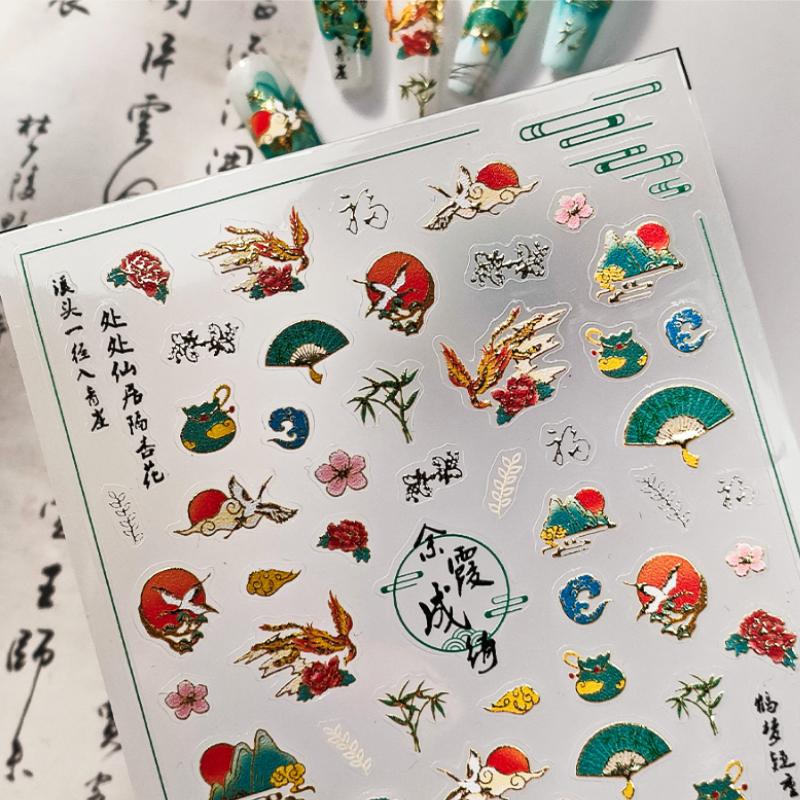 Chinese red-crowned crane nail stickers Xiangyun Phoenix 5D self-adhesive nail art stickers chic nail art decal accessorie